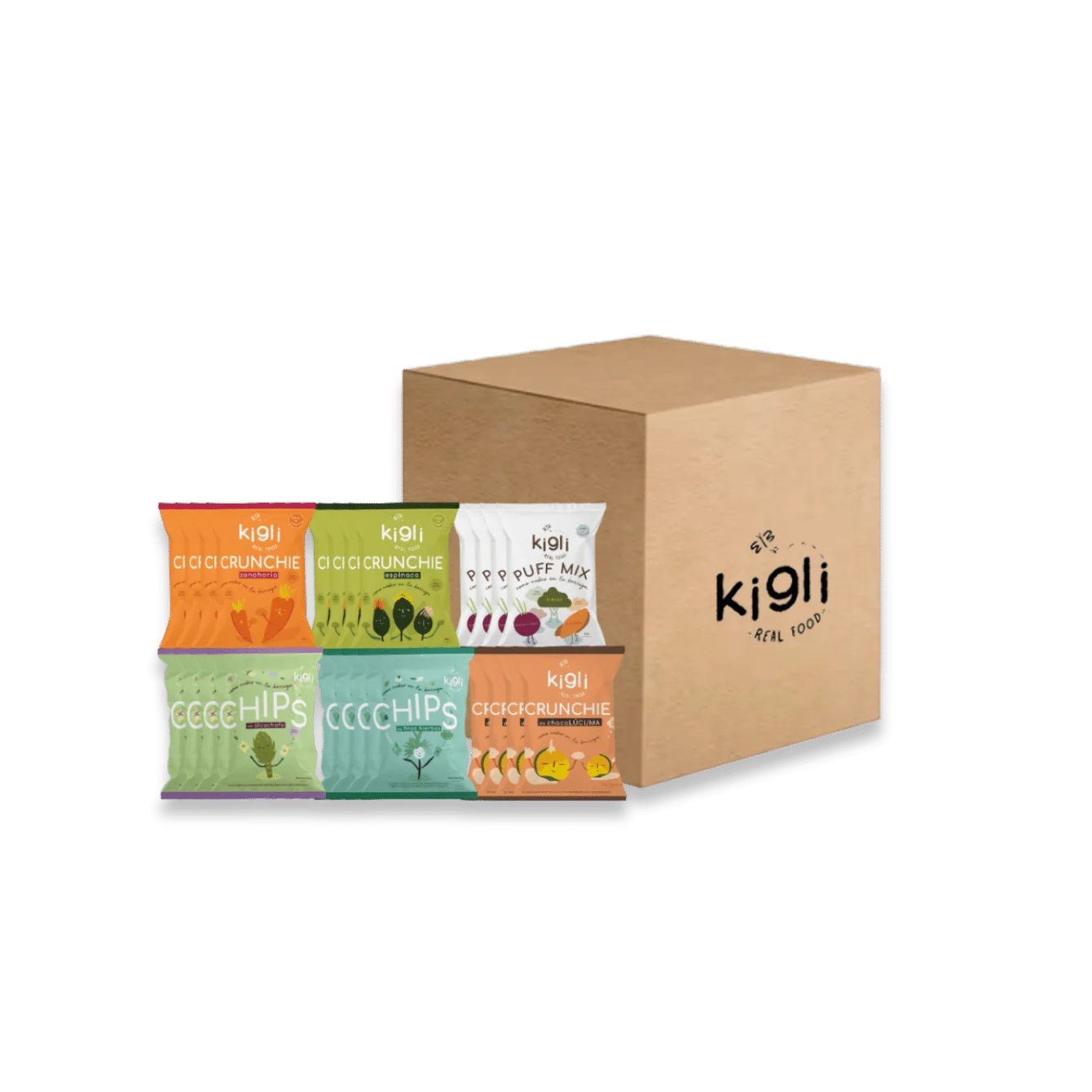 Kigli Snacks Espinaca, Zanahoria, Mix, Finas Hierbas, Alcachofa y Chocolúcuma 24 Unds x 40grs