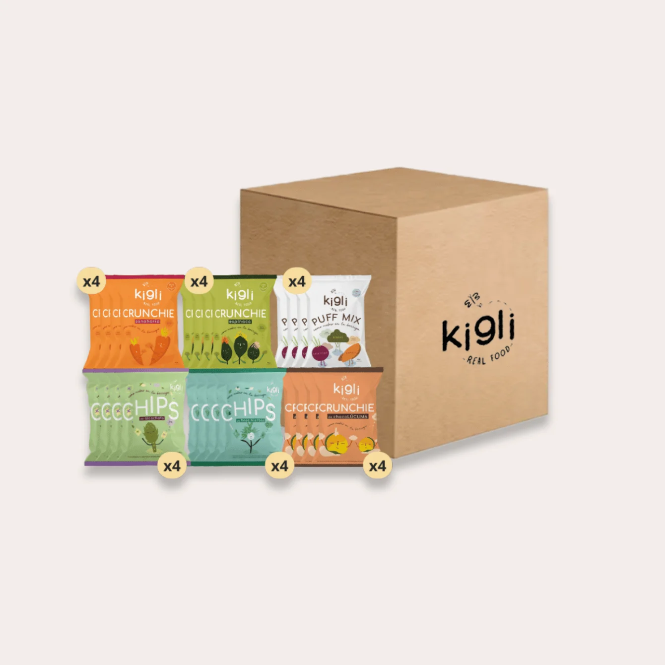 Kigli Snacks Espinaca, Zanahoria, Mix, Finas Hierbas, Alcachofa y Chocolúcuma 24 Unds x 40grs - Imagen 2