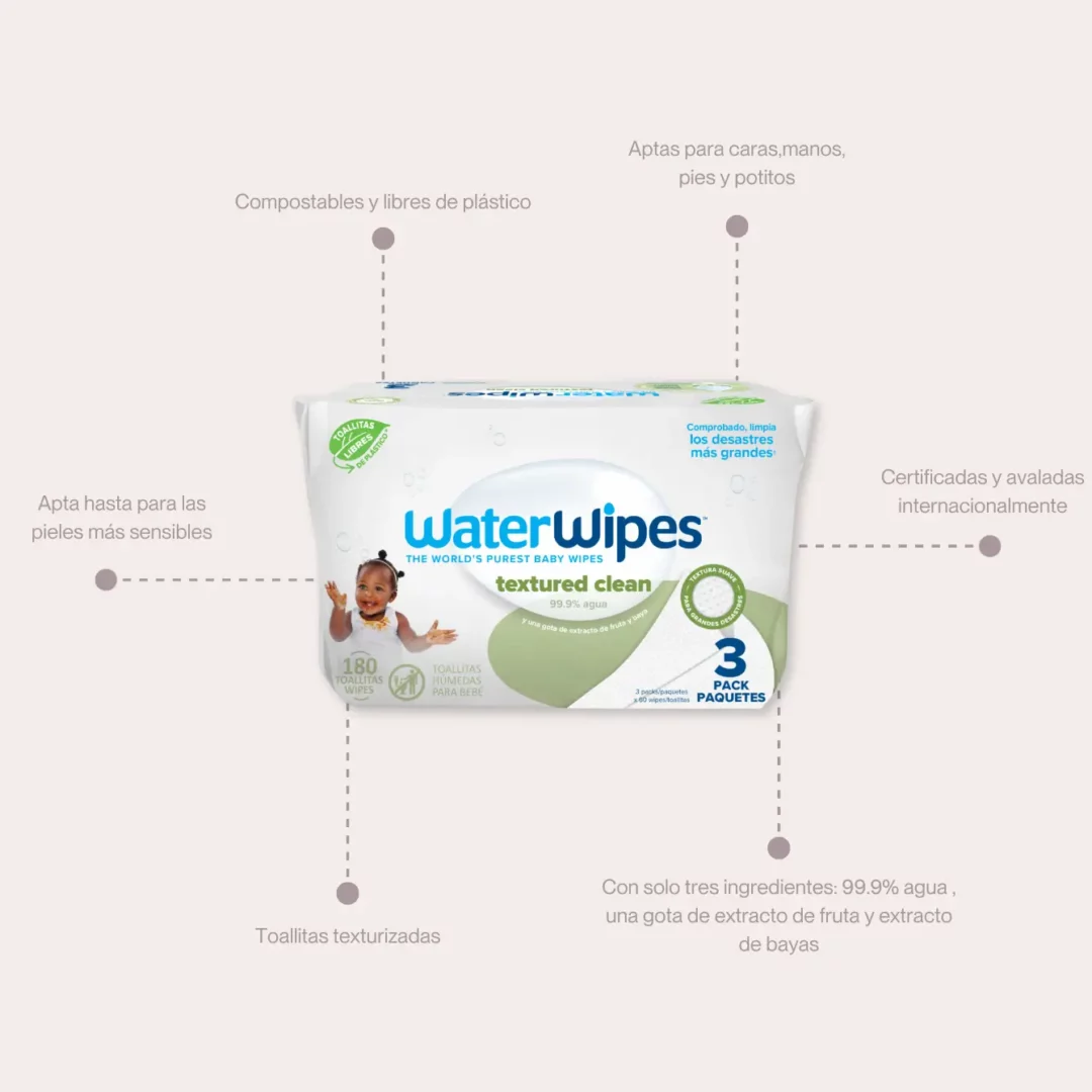 WaterWipes Toallitas Húmedas Textured Clean Tripack 180 Toallitas 3 Pack x 60 Unds - Imagen 3